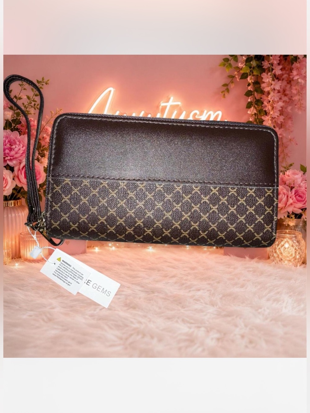 Couture Gems Double Zipper Wrislet in Brown Pattern Wallet- NWT- Huge!